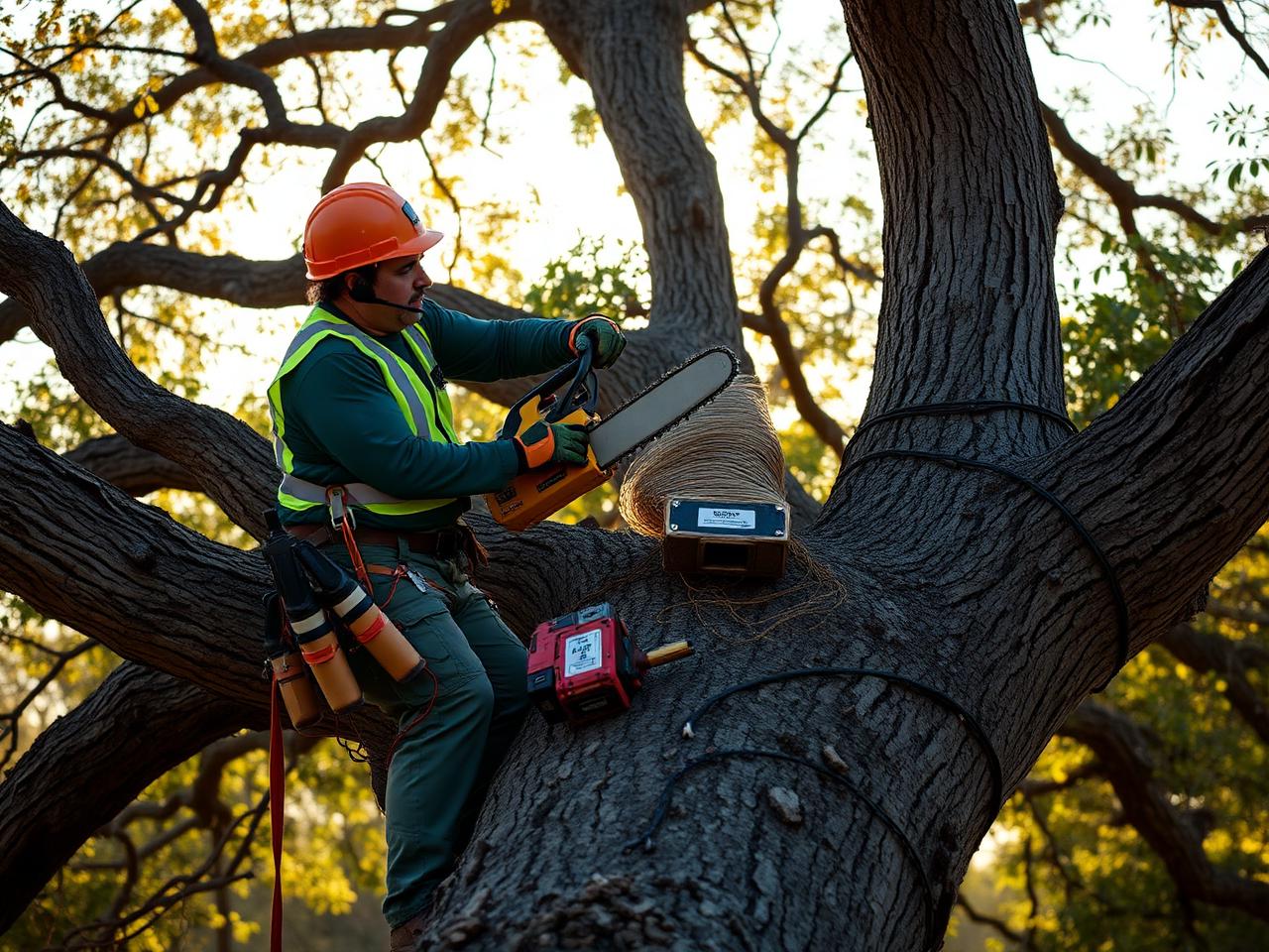 Certified arborist trimming an oak tree