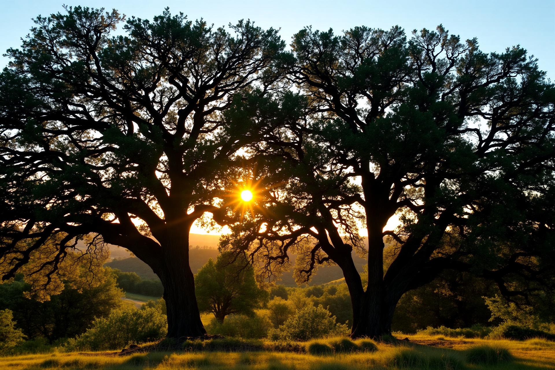Texas Hill Country oak trees at sunset